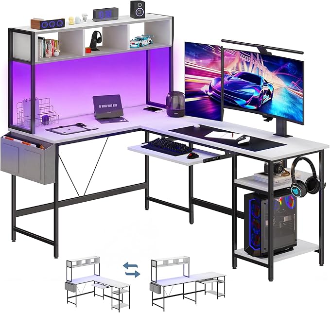 DUMOS L Shaped Gaming Desk 67", Reversible Computer Desk with LED Lights, Corner Desk for Small Spaces with Keyboard Tray & Storage Shelf, Metal Frame PC Gaming Table for Home Office Bedroom, White