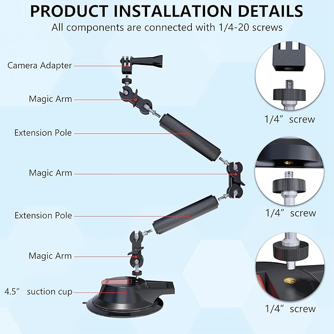 4.5" Suction Cup Magic Arm Mount Kit：Versatile Car Mount & Desktop Phone Holder Complete with 1/4" Thread Phone Holder & Camera Adapter | Perfect for Phone、Webcam、Action Camera、Video Light