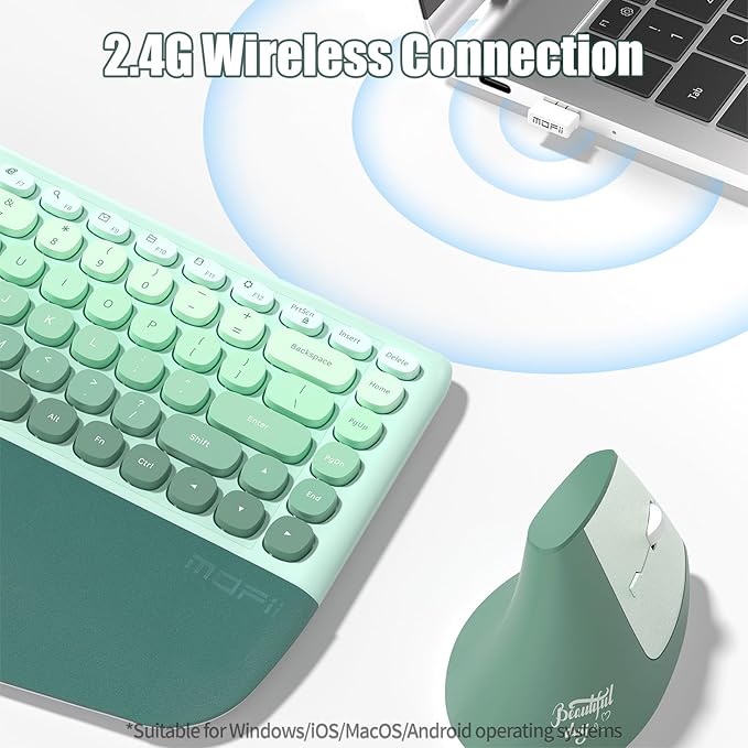 Ergonomic Wireless Keyboard and Mouse Combo with Wrist Rest, Curved Split Keys Clicky 84-Key Membrane Keyboard 6-Key Vertical Mouse Set for Win/Mac/PC/Laptop, AAA Batteries, Mint Green