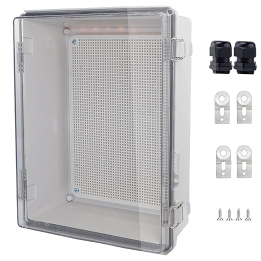 IP67 Waterproof Junction Box, ABS Plastic Electrical Enclosure with Stainless Steel Latch, Hinged Cover Electric Box with Mounting Plate, Wall Brackets & Cable Glands 380x280x130mm