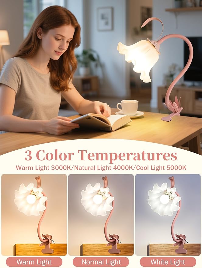 Flower Desk Lamp,Reading Light for Books in Bed,3 Color Modes 360°Rotation Clip on Light,Vintage Flower Bedside Lamp for Bed Headboard Bedroom College Dorm Office Lighting Table Lamp Home Decoration
