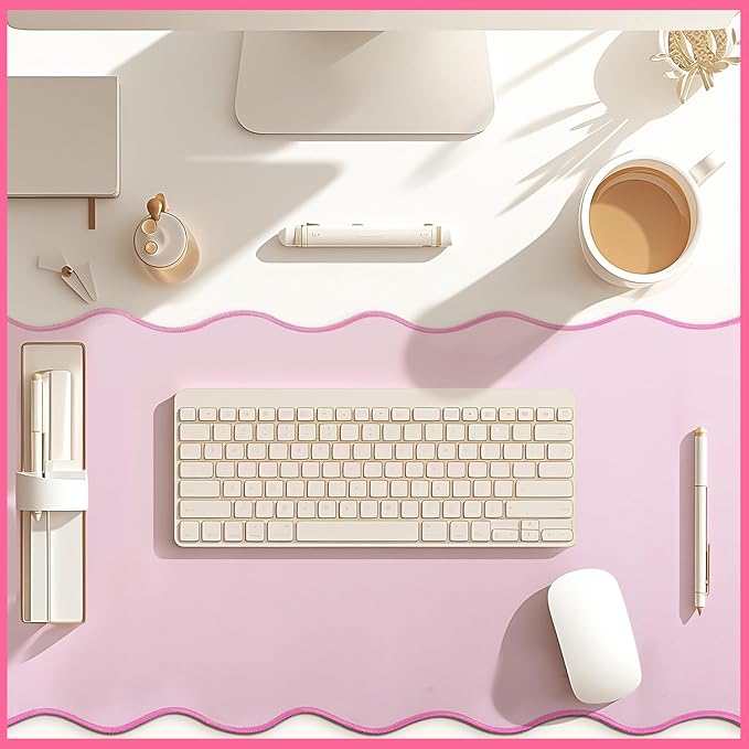 Hahafelt Scalloped Desk Mat Large Scalloped Piping Cute Desk Mat Aesthetic Preppy Table Pad Large Nonslip Pad with Edge Stitching Waterproof Gaming(Pink,36 x 17 Inches)