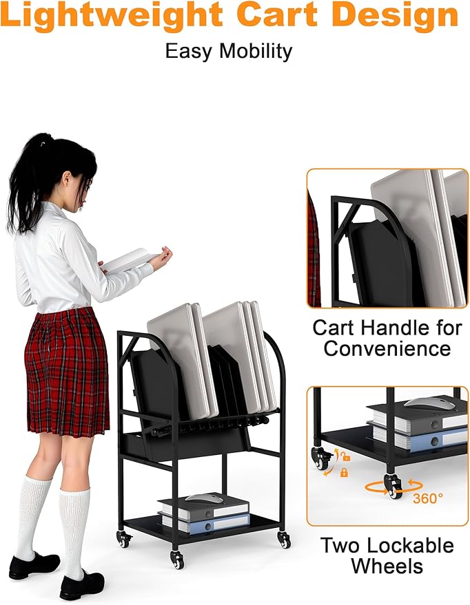 Laptop Charging Station, 10 Device Mobile Charging Cart with Lockable Wheels for Laptop, Chromebooks, Tablets and Computers, Charging Organizer Rack for Office, Classroom, Library