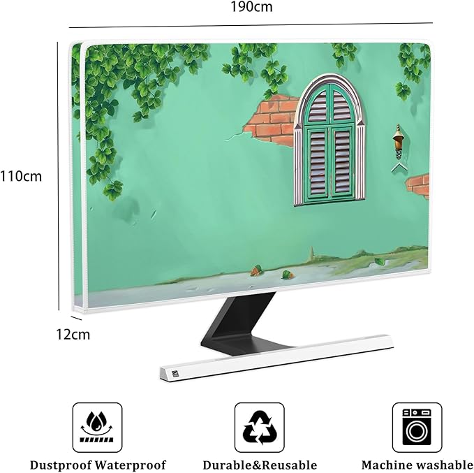 Waterproof Weatherproof Screen TV Cover 80 Inch Full Body Covers for TV Screen Anti-Static Dustproof Protective Television Cover for LCD/LED/HD，Green Vintage Wall With Window