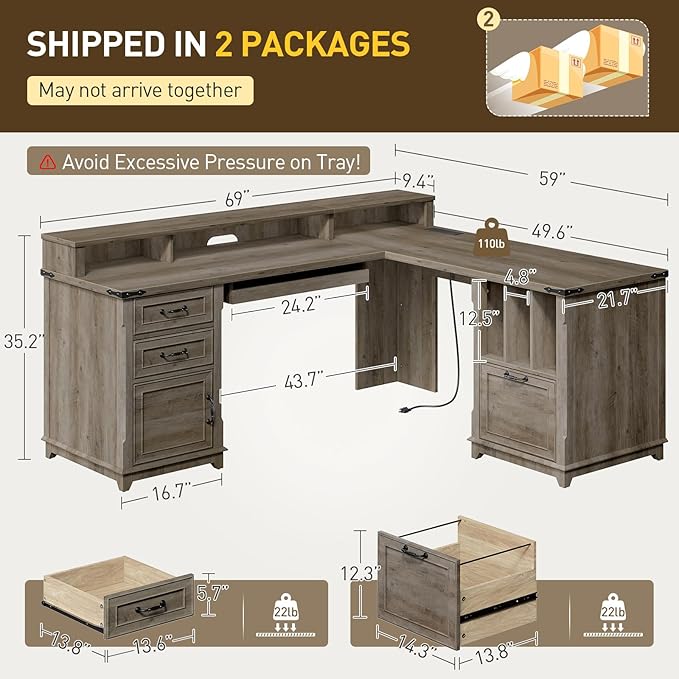 RALGEND 2 Pack Farmhouse 69" Executive L Shaped Desk with Drawer, Home Office Desk with Charging Station, Corner Computer Desk with Monitor Stand,Drawer,Storage Cabinet, Greige