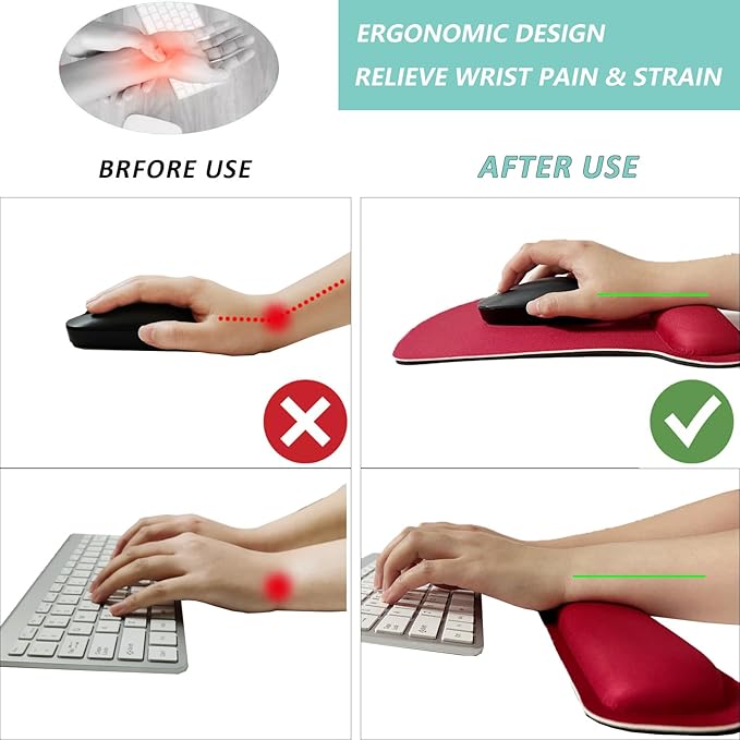 Keyboard Wrist Rest Pad Mouse Pad with Wrist Support Set of 3, Gaming Mousepad with Non-Slip Rubber Base, Ergonomic Memory Foam Mouse Cushion Support for Home Office Laptop Computer, Red