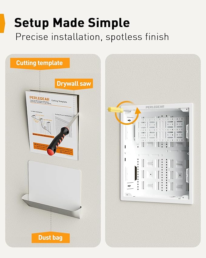 Perlegear 17″ in-Wall Media Box, Electrical Box, Recessed Outlet Box and Media Enclosure for One Connect Box & Network Switches, Cable Management Kit with Cutting Template, Dust Bag & Drywall Saw