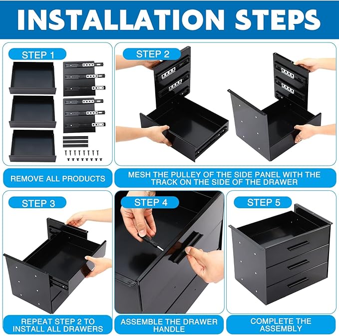 Menkxi 16 inch Under Desk Drawer Storage Pull out Storage Organizer Mounted Metal Sliding Hidden Under Counter Drawer Vertically Stacked for Office Sit Stand Workstation(Black,3 Layer)