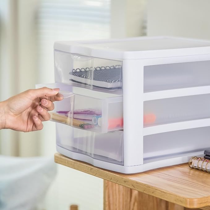 3 Drawer Storage Unit, Clear Plastic Countertop Drawers for Home Office Desk, Stackable Desktop Organizer for Crafts Jewelry Office Supplies, BPA-Free, White