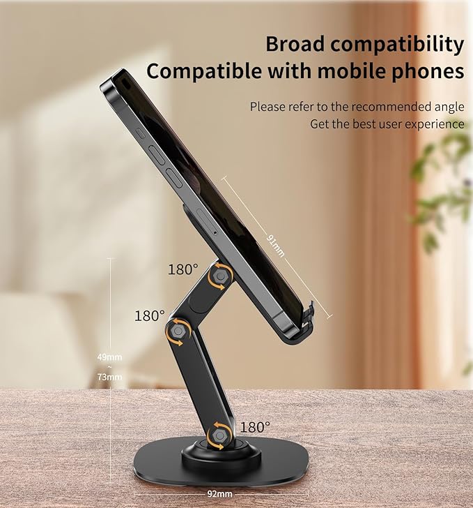 360° Rotating Cell Phone Stand for Desk, Adjustable & Foldable Phone Holder, Aluminum Desktop Phone Stand with Anti-Slip Base, Compatible with iPhone, iPad, Android Phones, K69-Black