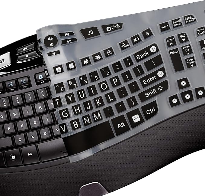 MUBUY-GOL Large Print Keyboard Cover for Logitech K350 Wireless Wave Keyboard, MK570, MK550; Black Silicone; Water Resistant, Dust Proof, Washable