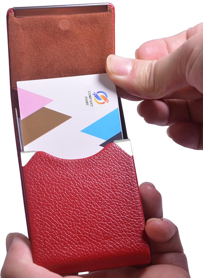 Business Card Holder with Ultra Slim Design,Business Card Case with Premium PU Leather, Suit Pocket Metal Card Holder for Women/Men,Professional Name Card Holder with Magnetic Shut(Red)