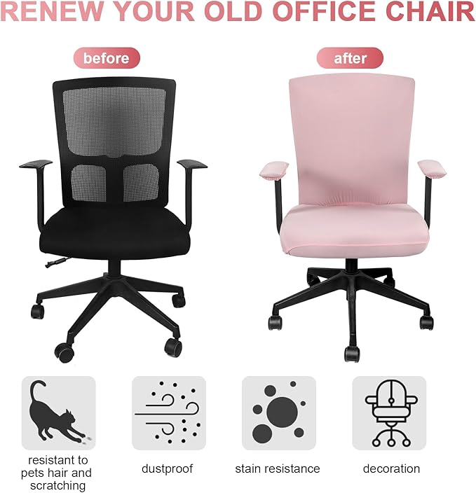 Tallew 4 Pcs Office Chair Covers Set Computer Universal Protective Stretchable Chair Seat Covers Desk Armrest Cover Pads Office Cushion Backrest for Rotating(Regular,Pink)