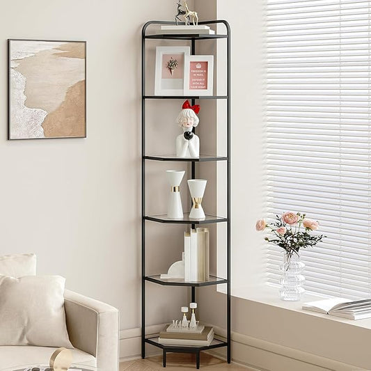 Hzuaneri Corner Shelf Stand, 6-Tier Glass Bookshelf Bookcase, Bathroom Organizer, Plant Stand, Steel Frame, Tempered Glass, Modern Style for Living Room, Bathroom, Kitchen, Black CS90600B