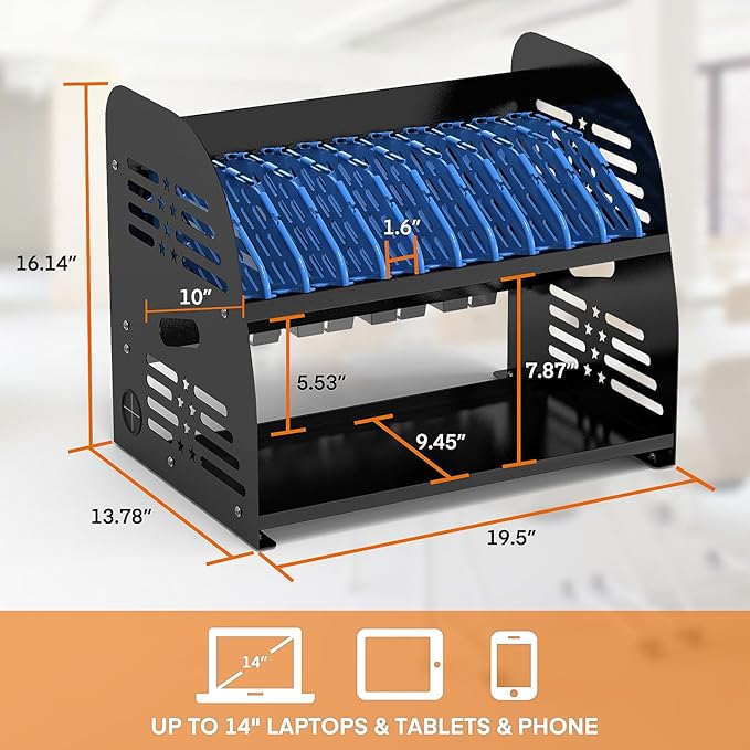 10-Device Charging Station with Power Strip – Open Charging Cabinet for Chromebooks, Laptops & Tablets up to 14” – Classroom Organization for iPads, Tablets & More, Ideal for Schools & Offices