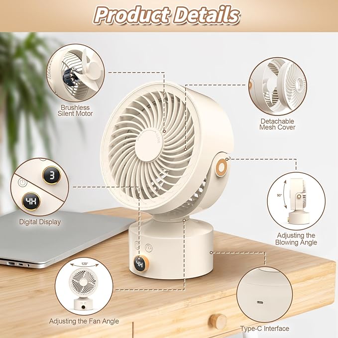 Desk Fan Small Oscillating for Bedroom, 9 Inch Quiet Desk Fan Air Circulator with 3 Speeds, 4H Timer, Rechargeable Desk Fan for Office/Dorm/Room-Beige