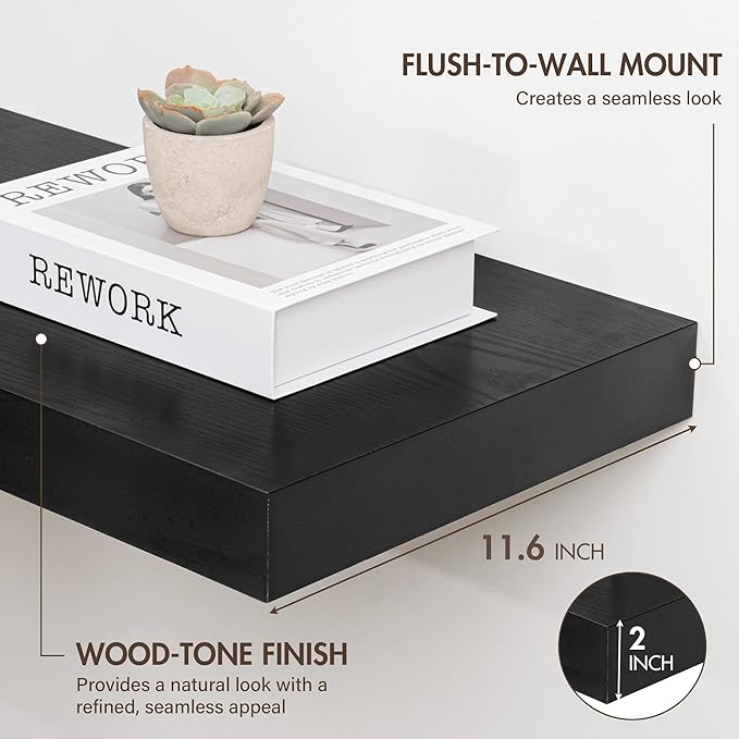 Acovy 30 Inch Floating Shelves, 12" Deep Floating Shelf Wall Mounted, 30" Wall Shelves, Rustic Deep Bookshelf, Extra Deeper & Thicker Display Shelves for Bedroom, Living Room, Black, Set of 2