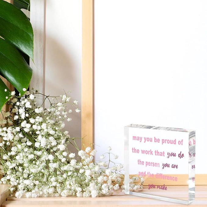 Appreciation Gifts for Women Coworkers - 4 Inch Pink Acrylic Desk Decor with Inspirational Quote - Thank You Farewell Goodbye Gift for Employees, Office Desk Decor