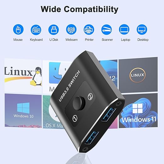USB 3.0 Switch, Bi-Directional USB Switcher 2 in 1 Out/1 in 2 Out, Aluminum USB Switch 2 Computers Share 1 Device for Printer, Mouse, Keyboard, with 2 USB 3.0 Cables