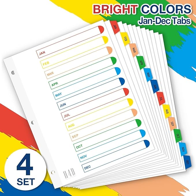 H4D Monthly Binder Dividers for 3-Ring Binder, Jan-Dec 12 Tab Dividers with Customizable Table of Contents, Multicolor Tabs, Reinforced Holes, Letter Size, Bright, 4 Sets