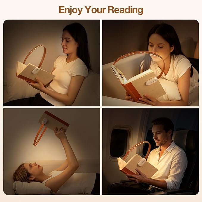 ROOKIELEDS Faux Leather Strip Clip-On Book Light, Rechargeable Reading Light, Full Book Cover, CRI 90+, 4 Colors & Stepless Dimming, Battery Indicator, Portable for Bed Travel Book Lovers