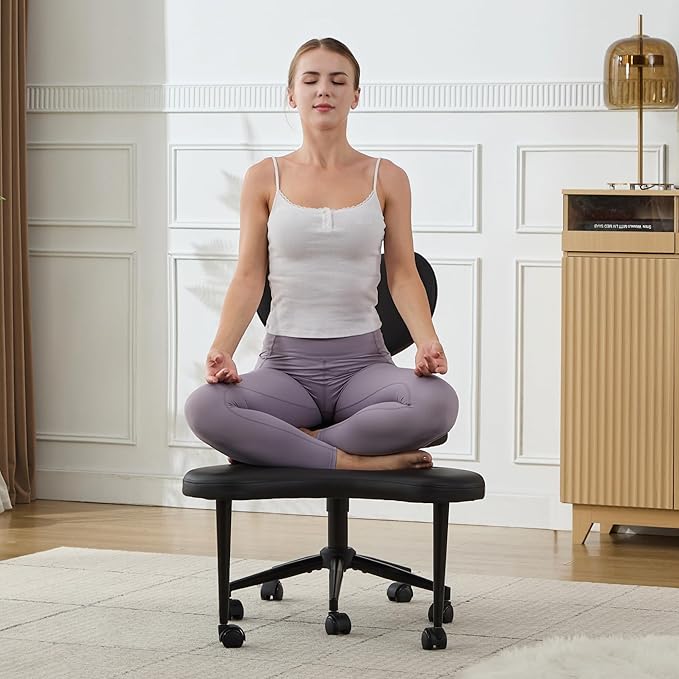 Cross Legged Office Chair, 360° Swivel Yoga Meditation Chair, Ergonomic Height Adjustable ADHD Criss Cross Office Chair with Wheels, Lumbar Support for Home Office, Black