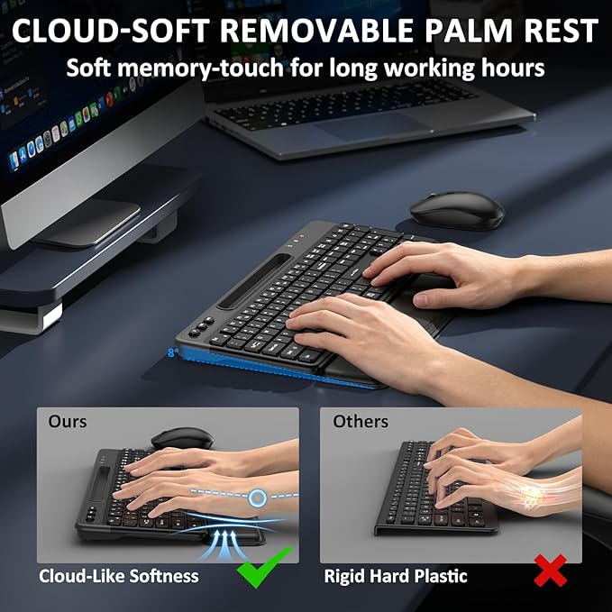 Ergonomic Wireless Keyboard and Mouse Combo, Full Size Silent Ergonomic Keyboard with Cloud Soft Palm Rest, Phone Holder, 3 DPI Adjustable Mouse, 2.4G Lag-Free Quiet for Mac, Windows, PC, Laptop