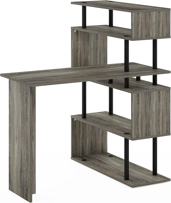 Furinno Classic L Shape Computer Desk, Gaming Desk, Office Desk with 5-Tier Shelves, 40" Wide, for Home Office, Study, Gaming, Grey Oak