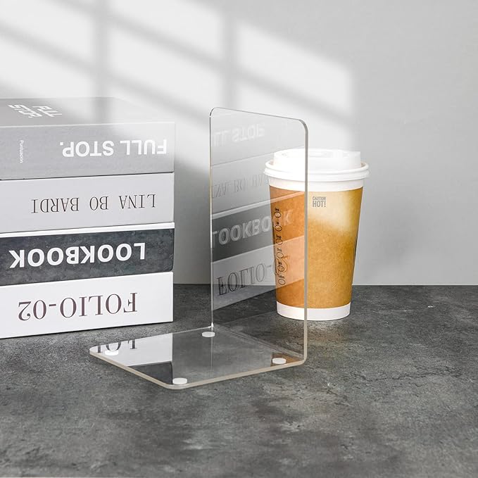 Adwikoso Clear Acrylic Book Ends, 8 Pcs Bookends for Shelves, Non-Slip Book Holder Stand, Decorative Book Stoppers for Heavy Duty Books Office Desktop Organizer