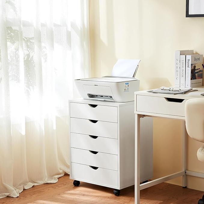 5 Drawer File Cabinet, Under Desk Storage Organization with Wheels, Mobile Filing Chest for Small Desk Printer Stand for Home Office, White