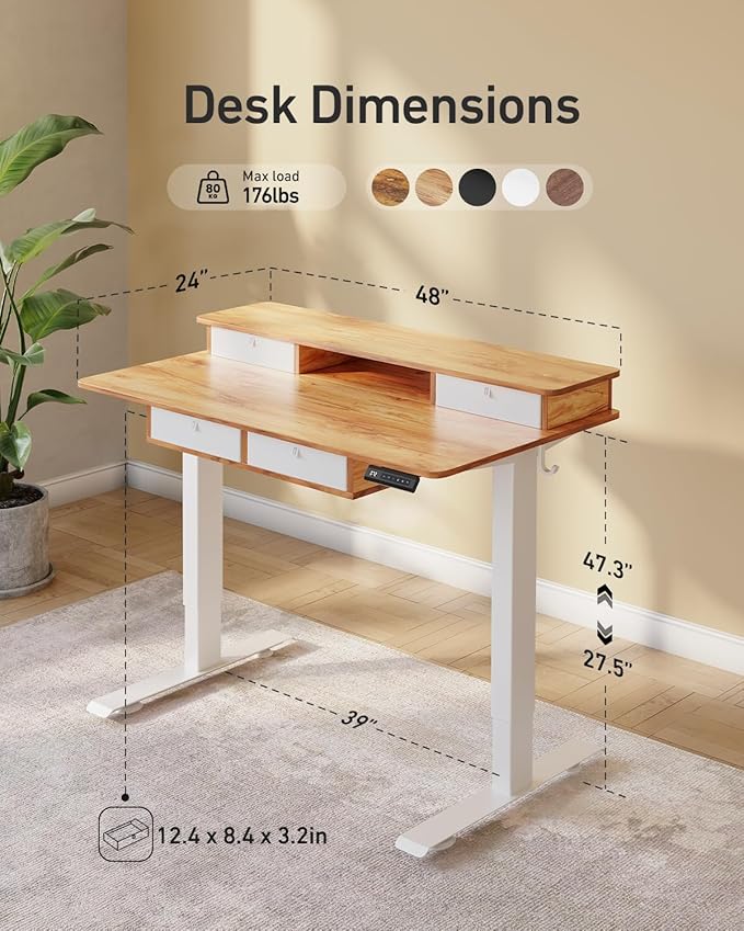 FEZIBO 48 x 24 inch Standing Desk with Drawers, Height Adjustable Electric Workstation, Computer Sit Stand Up Table with Large Storage Shelf 4 Drawers and 2 Hooks, Light Rustic Brown