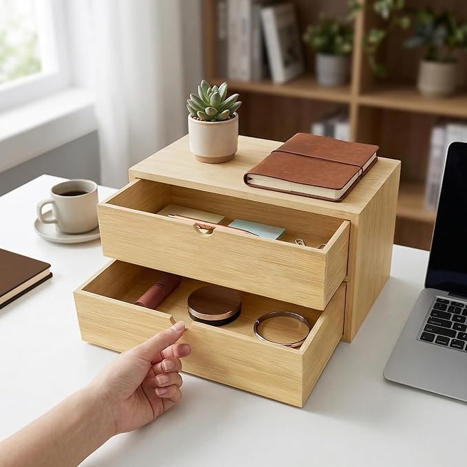 Bamboo Desk Organizer with 2 Drawers, Desktop Drawers 13.4 x 7.1 x 7.5 Inches Countertop Storage Box for Office Supplies Makeup Vanity Kitchen, Wooden Tabletop Drawer No Assembly Required (2 Drawers)
