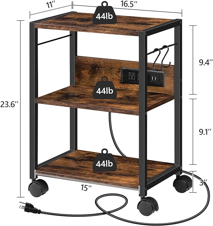 MAHANCRIS Industrial Printer Cart, 3-Tier Mobile Printer Stand, Rolling Cart with Power Outlets and USB Ports, Home Printer Stand with 2 Hooks, for Office, Living Room, Rustic Brown PTHR40E01Z