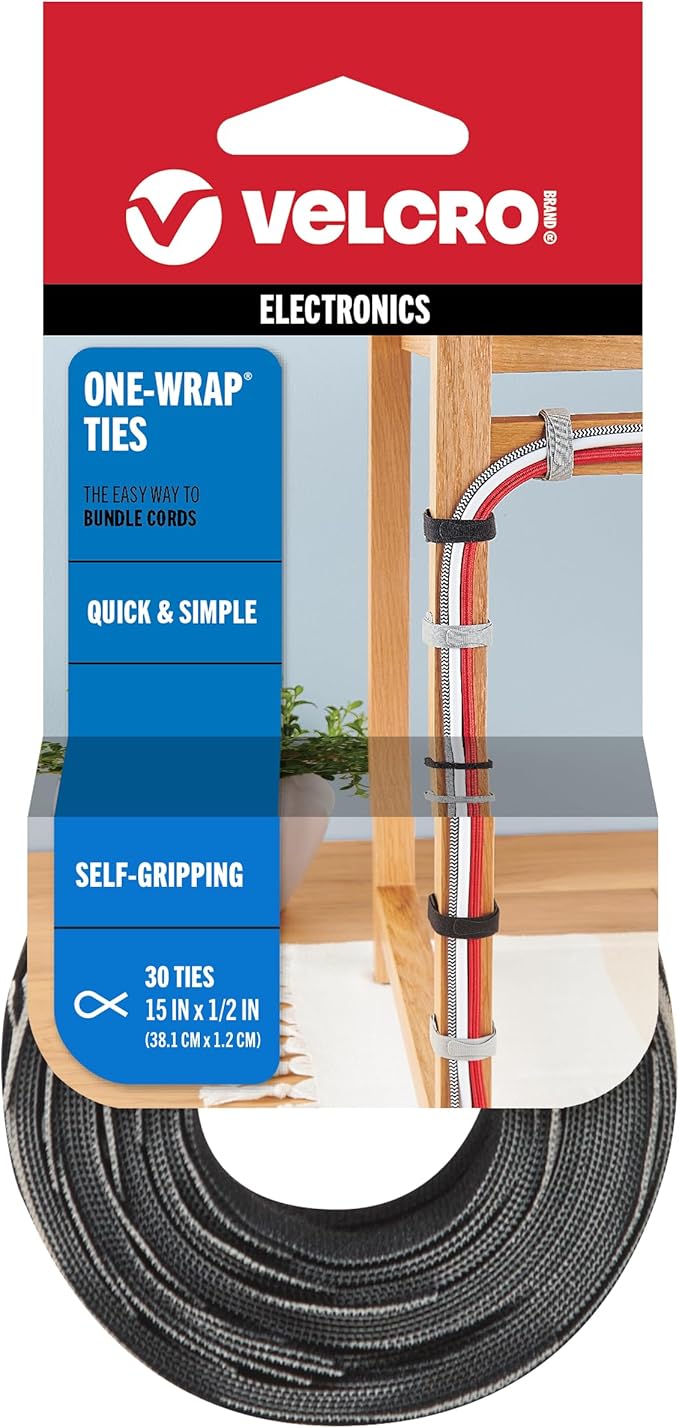 VELCRO Brand ONE WRAP Thin Ties | Strong & Reusable | Perfect for Fastening Wires & Organizing Cords | Black/Gray, 15in x 1/2-Inch | 30 Count (94257)