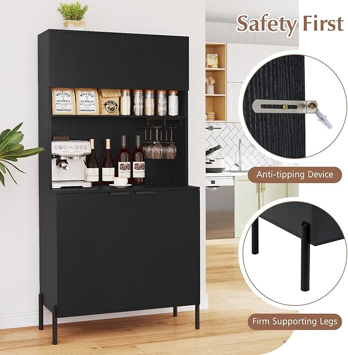 Giantex 64.5" Kitchen Pantry Cabinet with Charging Station, Tall Buffet Hutch with Storage Cabinets, Adjustable Shelf, Wine Racks, Modern Sideboard for Dining Room, Living Room, Coffee Bar, Black