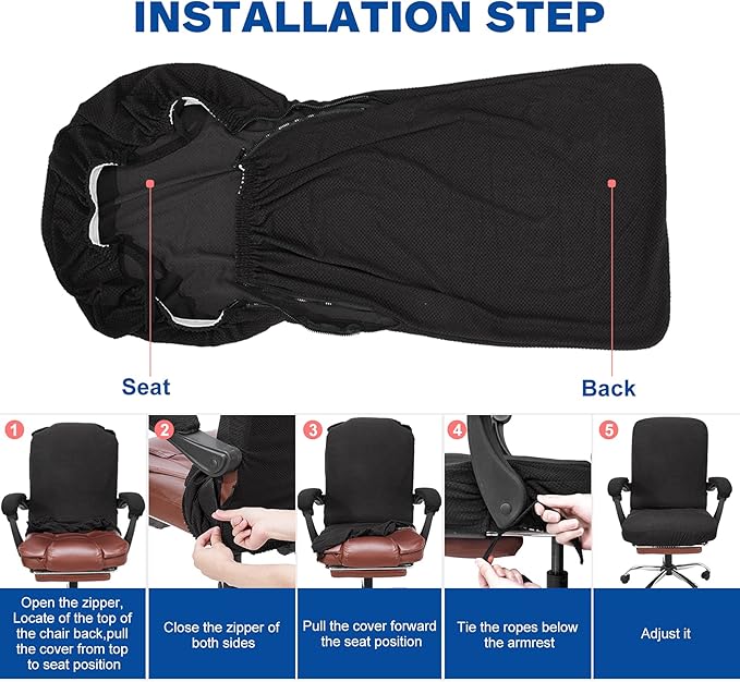 NeColorLife Stretchable Office Chair Cover with Armrest Covers - Zippered High Back Seat Cover for Extra Large Executive Desk Chairs,Big Tall Man (X-Large Size, Black)