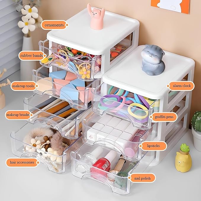 Plastic Desktop Drawer Organizer, Small Clear 4-Tier Storage Drawers, Mini Desk Organizer for Office Stationery Makeup Vanity Supplies