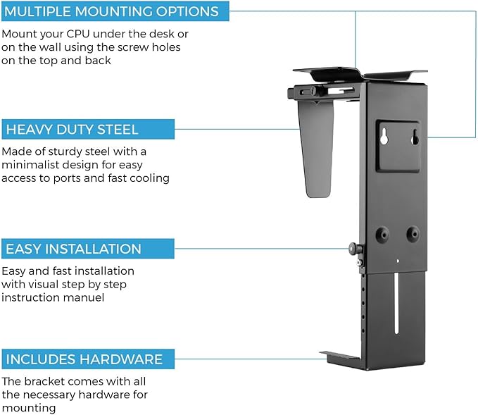 HumanCentric Adjustable Under Desk Computer Mount and Wall Mount, CPU Holder Fits Most PC or Computer Cases, Adjustable Height and Width, Full 360 Swivel, Up to 22 lb, Hardware Included