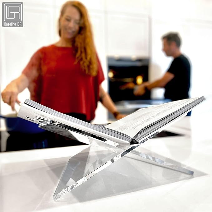 Medium Clear Acrylic Book Stand, 8.7” x 6.3” x 3.6”, Acrylic Book Holder, Open Bookstand for Display and Reading Cookbooks, Art Books, Bibles, Magazines - Home and Office