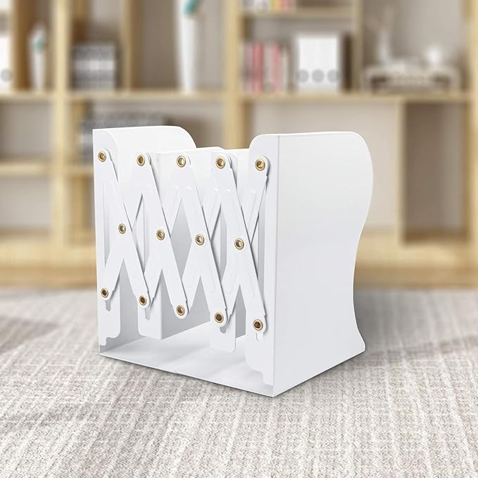 Aobopar Adjustable Book Ends, Metal Bookends for Heavy Books, Desk Book Holder for Shelves, Book Organizer for Desk, Suitable for Office, Home and School Use (White)
