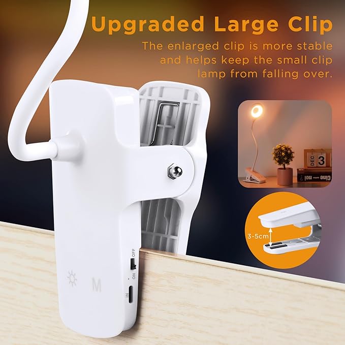 Akynite Desk Lamp LED Clip on Light, 5 Modes 5 Brightness Dimmable Clamp Lamp, Flexible Rechargeable Battery Clip on Reading Light for Bed Headboard Bunk Bed at Night for Kids (White)
