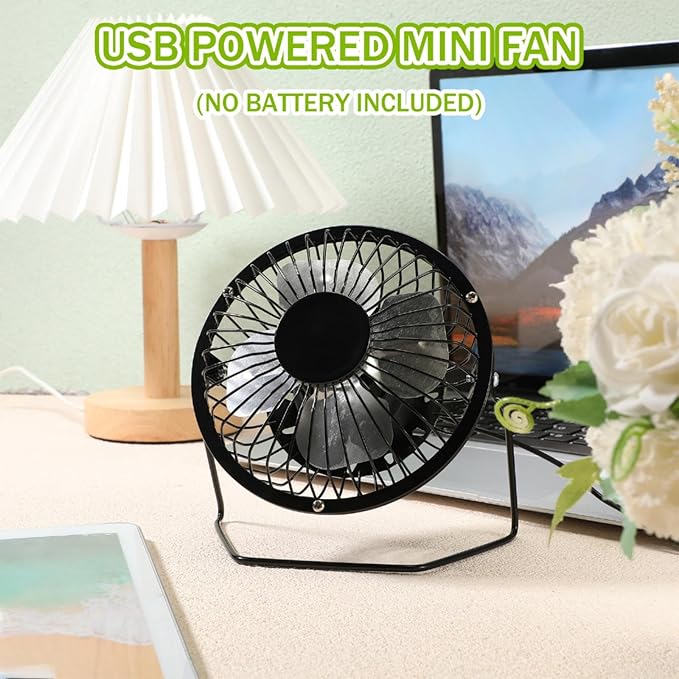 Glooglitter 4 Pcs 4" USB Small Fan Powerful Quiet 360° Adjustable Rotation Personal Metal Mini Desk Fan Summer Electric Ideal for Home Office Bedroom Desk Airflow Cooling,USB Powered Only(Black)