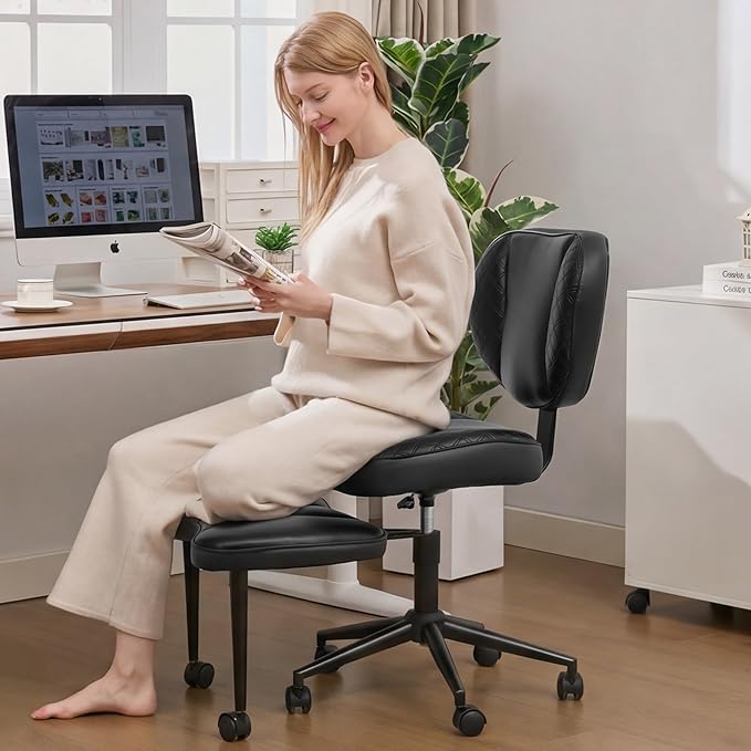 Criss Cross Office Chair with Wheels, Adjustable-Height Backrest & Swivel Footrest, Ergonomic Cross Legged Office Chair with Leg Rest for Kneeling Meditation Yoga ADHD (Black Leather)