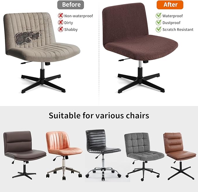 Fuloon Criss Cross Chair Cover, Waterproof, Stretchable, Solid Jacquard, Suited for Armless/Office/Desk/Mid Back Wide Seat/Computer/Task/Vanity/Accent Chair (Leaves -Shaped Jacquard, Brown)