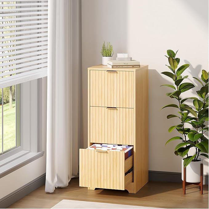 VINGLI Tall 3 Drawer File Cabinet, Home Office Filing Organizer, for Letter Size File Folder Storage, Modern Style Fluted Design, Wood Vertical Filing Cabinet, Printer Stand, Archivador (Oak)
