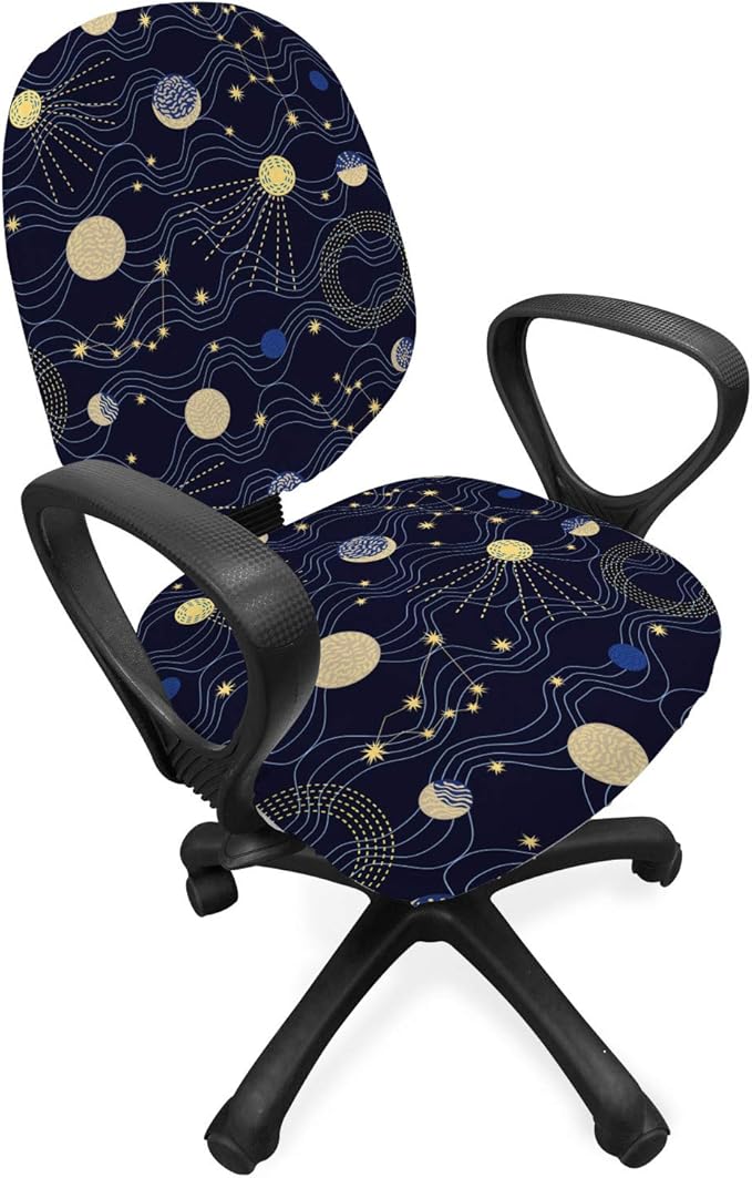 Ambesonne Night Sky Office Chair Slipcover, Retro Style Sky Illustration with Cosmic Elements, Protective Stretch Decorative Fabric Cover, Standard Size, Indigo Brown