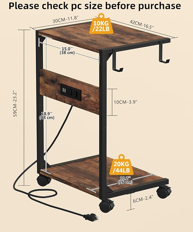 Akxomel 2 Tier Computer Tower Stand with Charging Station, 11.8" D x 16.5" W Rolling Floor PC Tower Stand Fits Under Desk, CPU Holder Cart for Carpet with Hooks, C Shaped End Table for Home Office