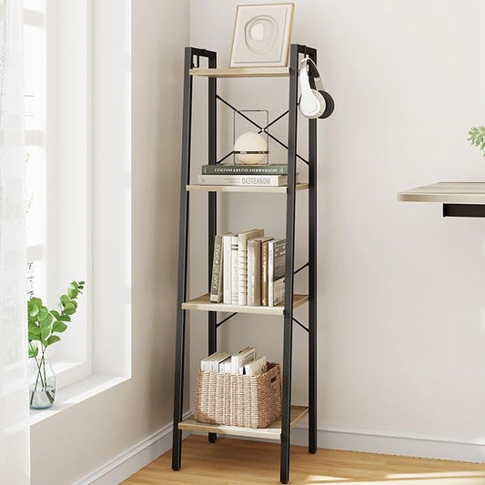 Hzuaneri Ladder Shelf, Bookshelf Bookcase, Freestanding Corner Storage Shelve with 2 Hooks for Home Office, Living Room, Kitchen, Bedroom, Industrial, 11.8" D x 13.4" W x 47.2" H, Greige BC13205B