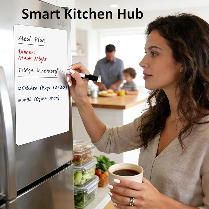 Magnetic Whiteboard for Fridge 12" x 8": Small Dry Erase Board Sheet for Kitchen Refrigerator as Weekly Menu Planner with Strong Magnet Backing - Flat Ships