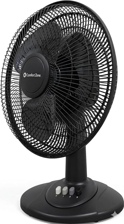 Comfort Zone Oscillating Table Fan with Adjustable Tilt, Convenient Push Button Controls, Quiet, 12 inch, 3 Speed, Desk Fan, Airflow 7.25 ft/sec, Ideal for Home, Bedroom, Dorm & Office, CZ121BK